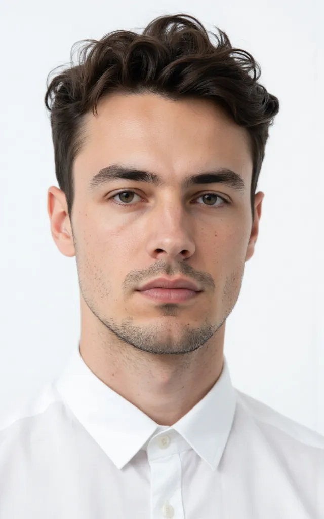 A French male model with a Center   part, wearing a shirt, against a white background, in a front   facing bust portrait